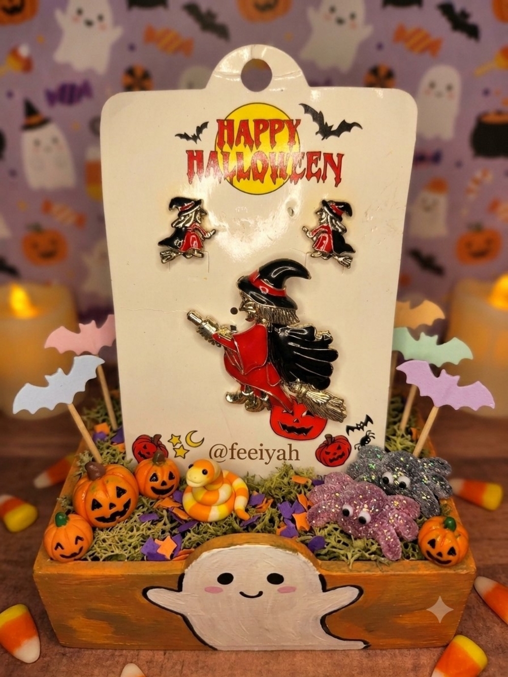 Vintage NOS-Happy Halloween Witch Brooch and Stud Earring Set - Black & Red